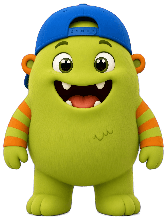 Verde, peluche verde lima con gorra azul al revés, orejas naranjas y brazos a rayas